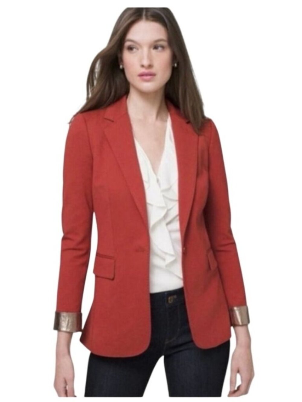 White House Black Market Womens Single Button Tailored Rust Red Blazer With Meta